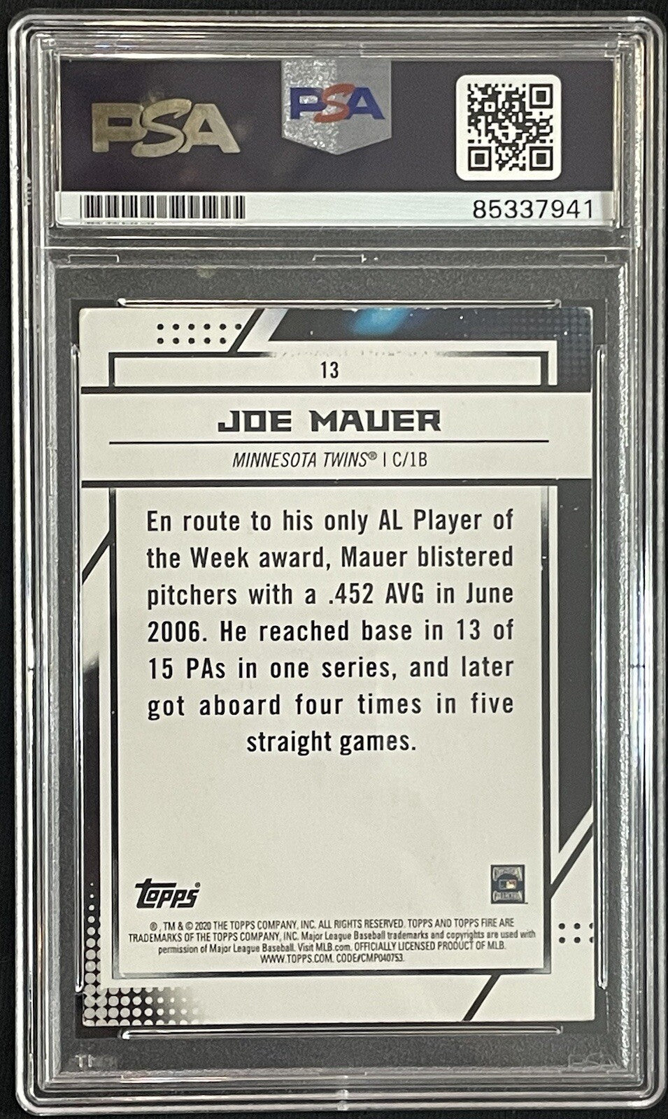 Joe Mauer Signed 2020 Topps Fire Card #13 PSA/DNA Autographed HOF Twins