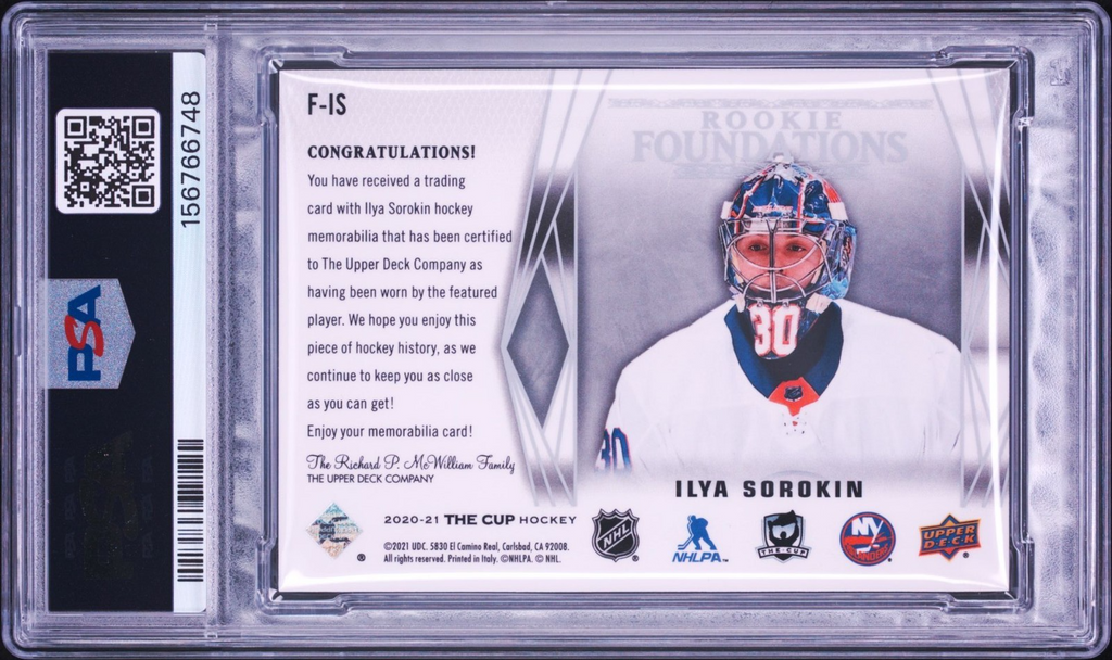 Ilya Sorokin Signed 2020 UD The Cup Rookie Foundations PSA/DNA Patch Auto /99