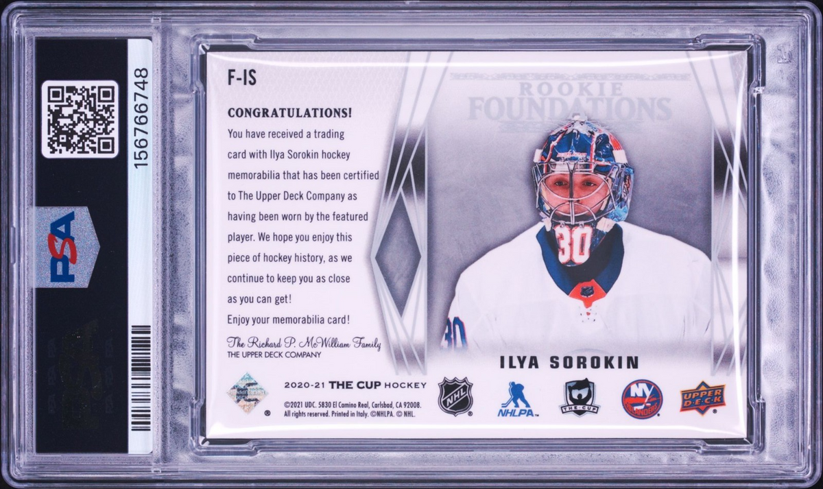 Ilya Sorokin Signed 2020 UD The Cup Rookie Foundations PSA/DNA Patch Auto /99