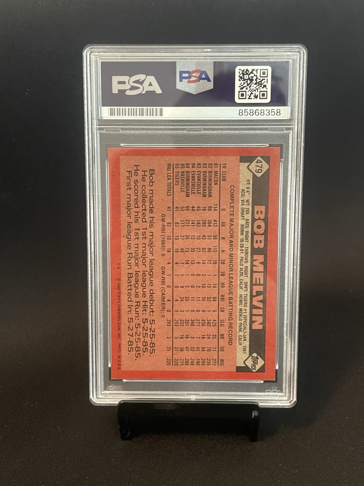 Bob Melvin Signed 1986 Topps Rookie RC PSA/DNA Auto 10 #479 Detroit Tigers