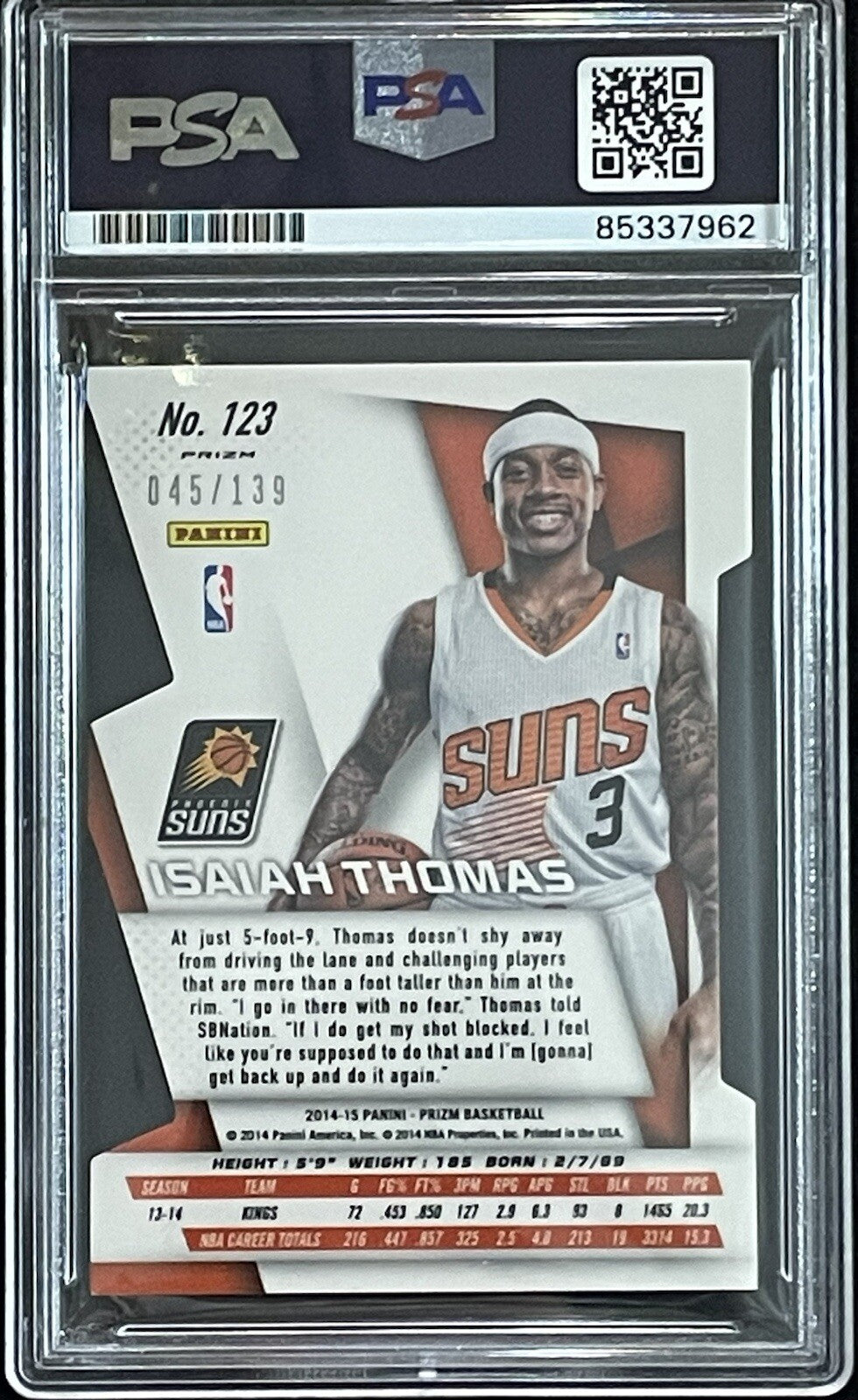 Isaiah Thomas Signed 2014-15 Panini Prizm Die Cut #123 /139 PSA/DNA Autographed