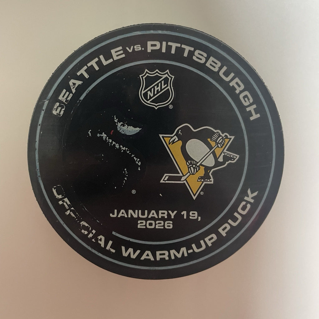 Sidney Crosby 1400th Game Warm Up Used Puck Pittsburgh Penguins Kraken COA