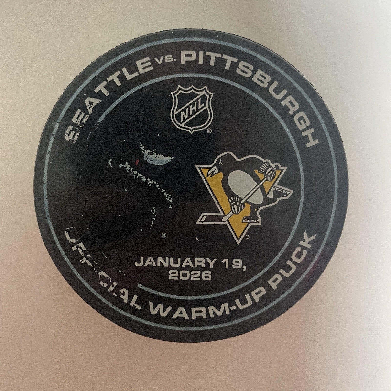 Sidney Crosby 1400th Game Warm Up Used Puck Pittsburgh Penguins Kraken COA