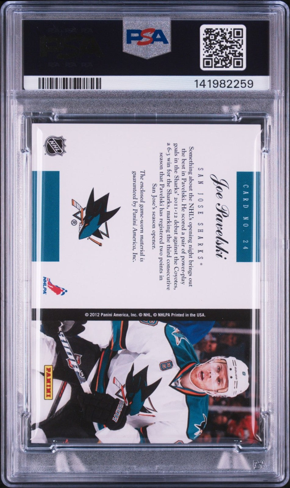 Joe Pavelski Signed 2011 Panini Elite PSA/DNA Auto 10 #24 San Jose Sharks Patch