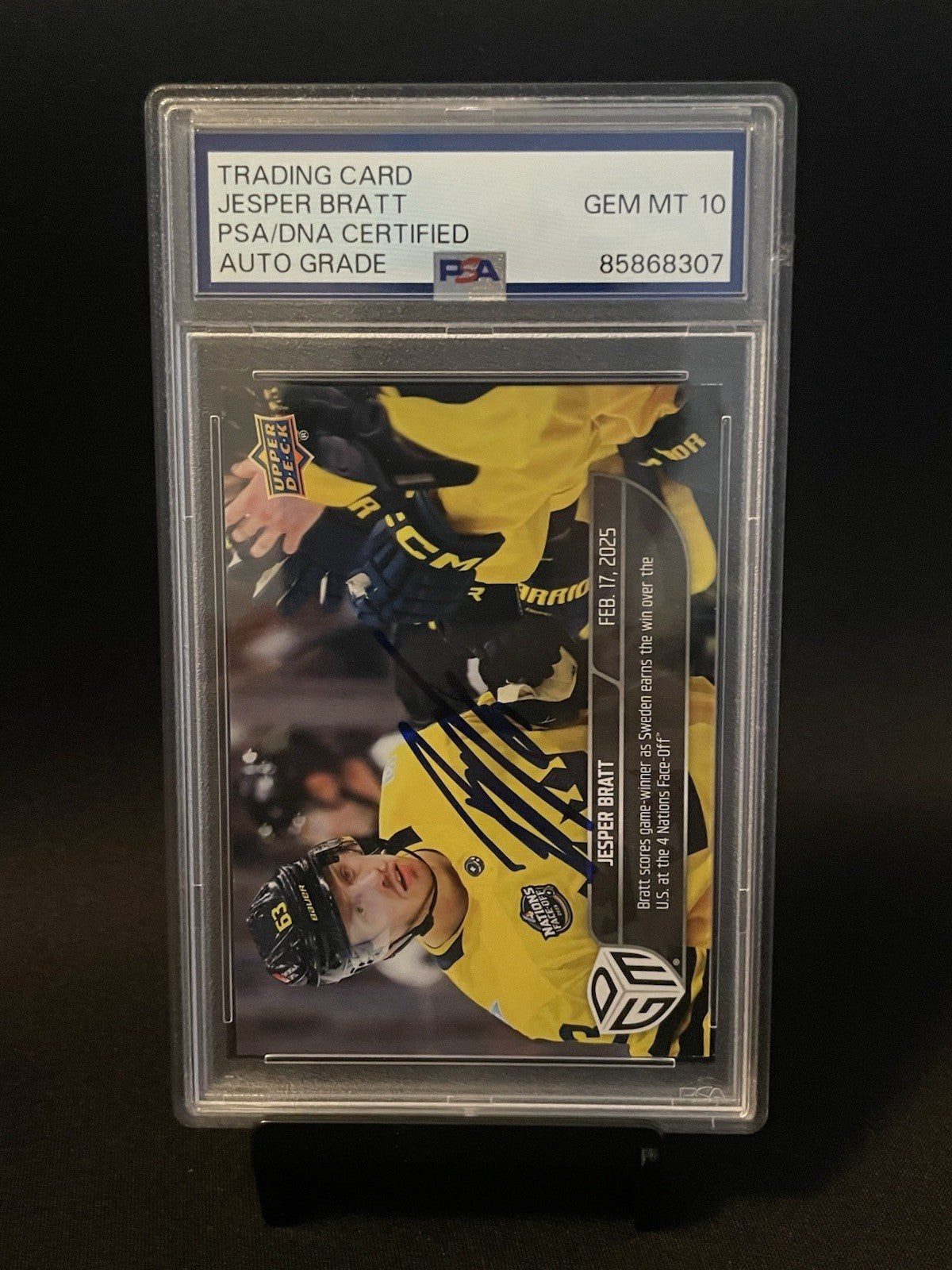 Jesper Bratt Signed 2025 UD Game Dated Moments PSA Auto 10 4 Nations #16 Sweden