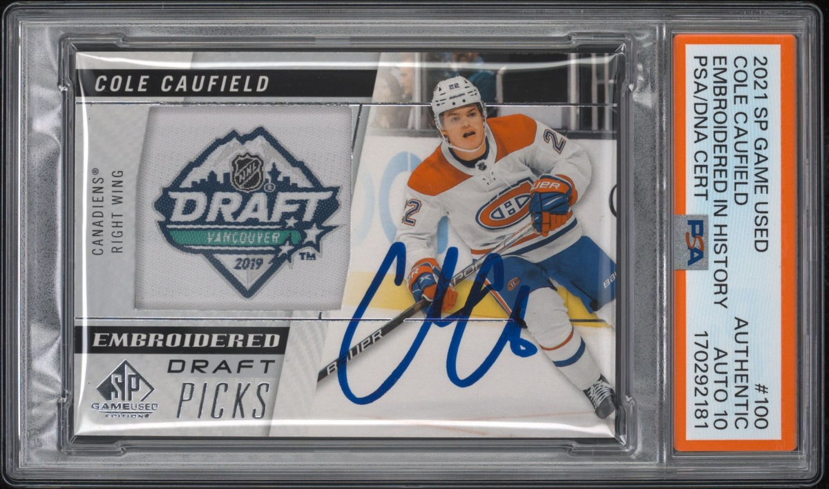 Cole Caufield Signed 2021 SP Game Used Embroidered PSA Rookie Patch Auto 10 #100