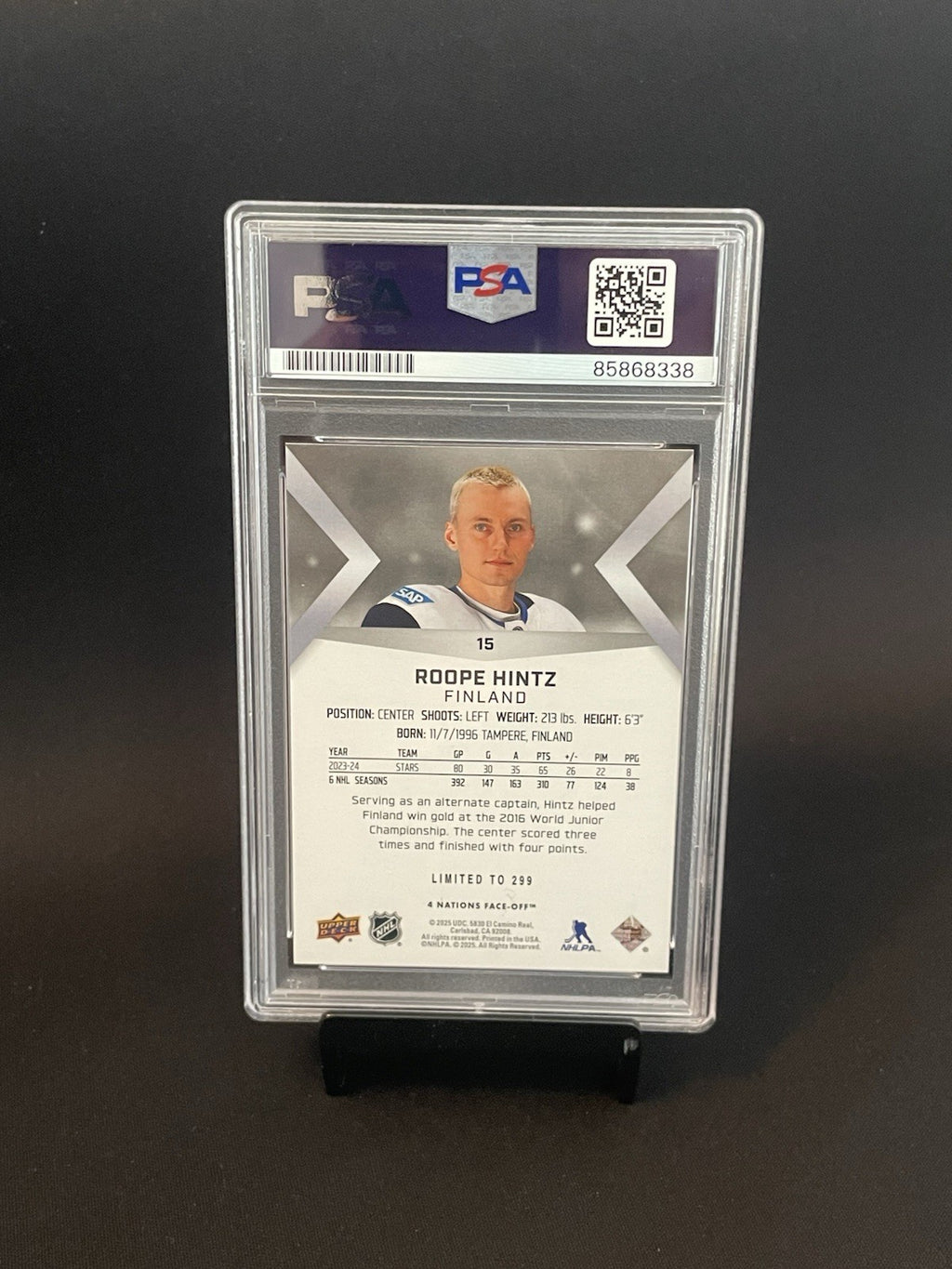 Roope Hintz Signed 2025 4 Nations Face-Off Card #15 PSA Autographed Finland /299
