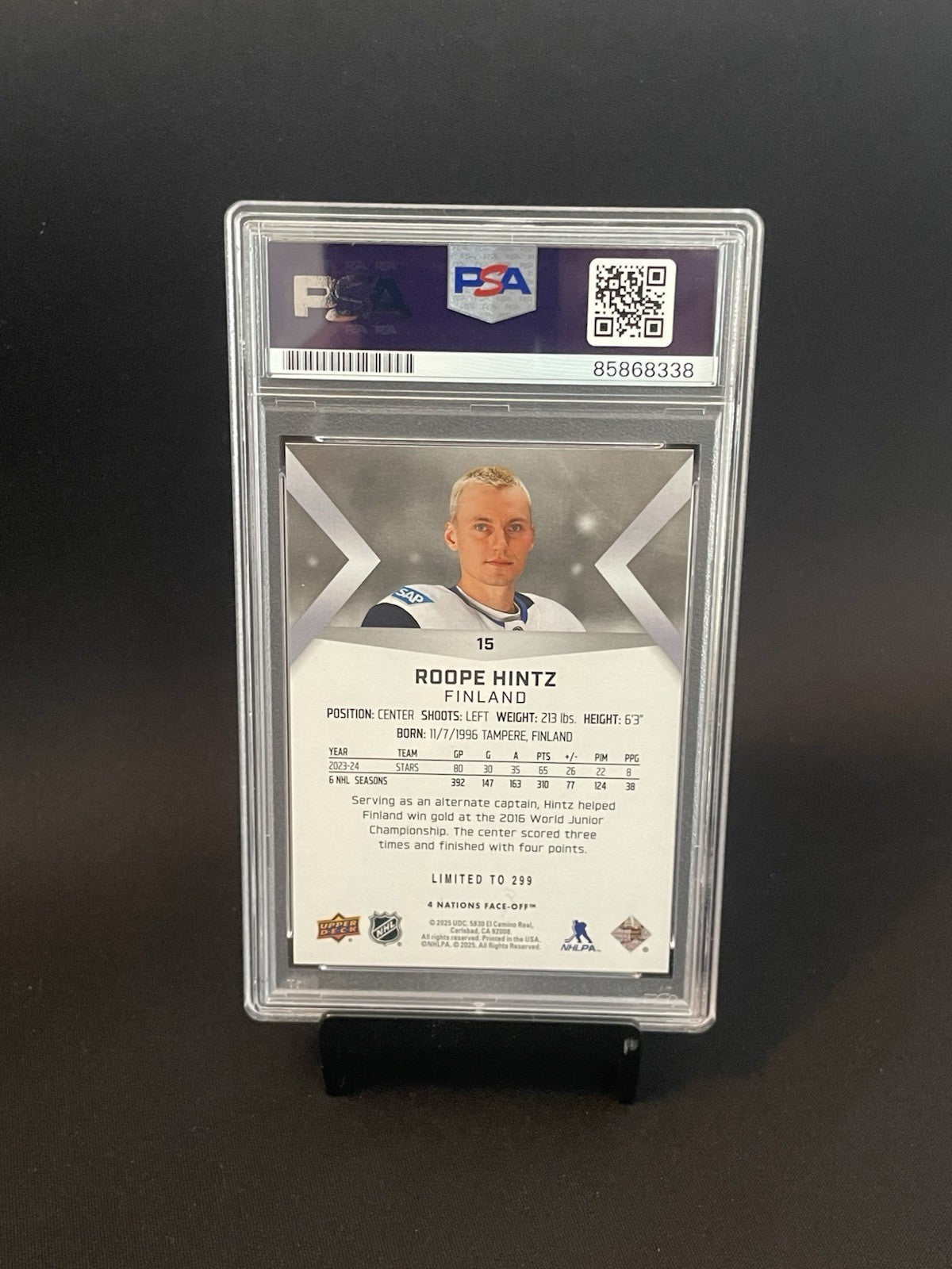 Roope Hintz Signed 2025 4 Nations Face-Off Card #15 PSA Autographed Finland /299