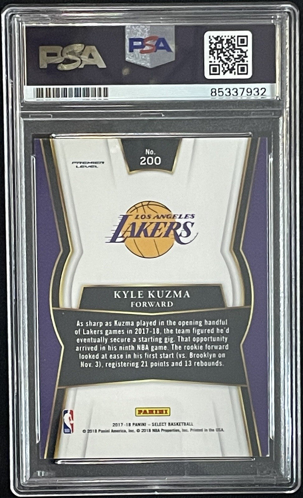 Kyle Kuzma Signed 2017-18 Panini Select RC #200 PSA/DNA Autographed Rookie Card