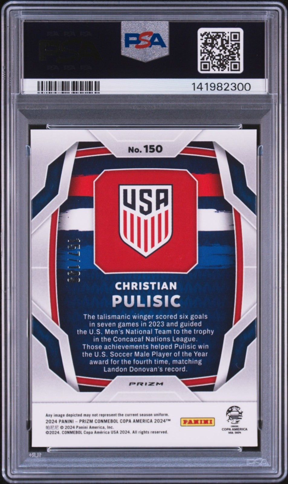 Christian Pulisic 2024 Prizm Copa America Red Prizm PSA/DNA Auto 10 #150 /199