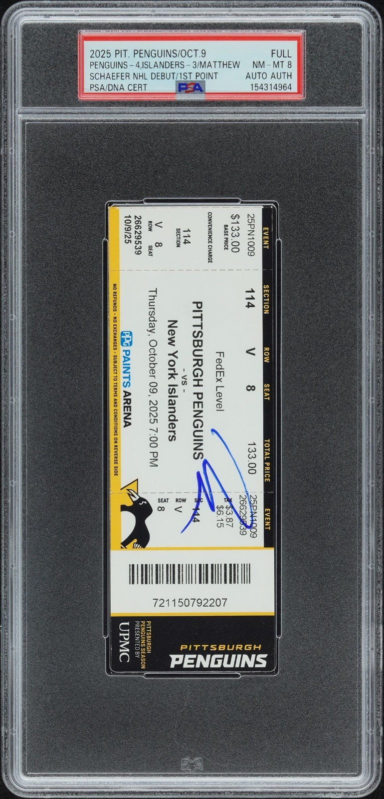 Matthew Schaefer Signed NHL Debut Full Ticket 10/9/25 PSA 8 PSA/DNA Autographed