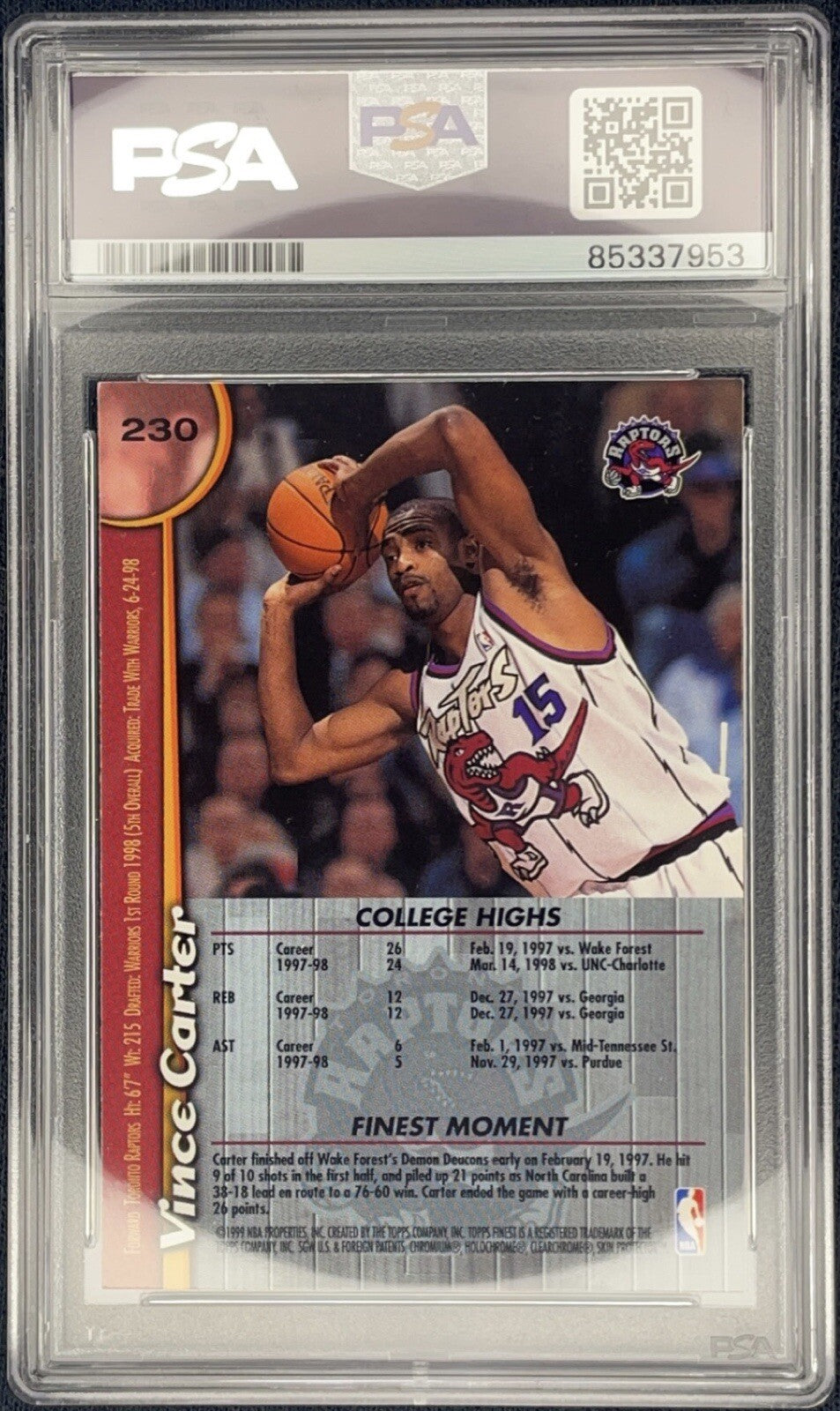 Vince Carter Signed 1999 Topps Finest #230 RC PSA/DNA Autographed Rookie w/ Film