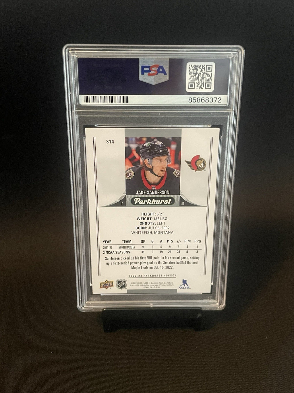 Jake Sanderson Signed 2022 UD Parkhurst Rookie PSA #314 Autographed RC Card
