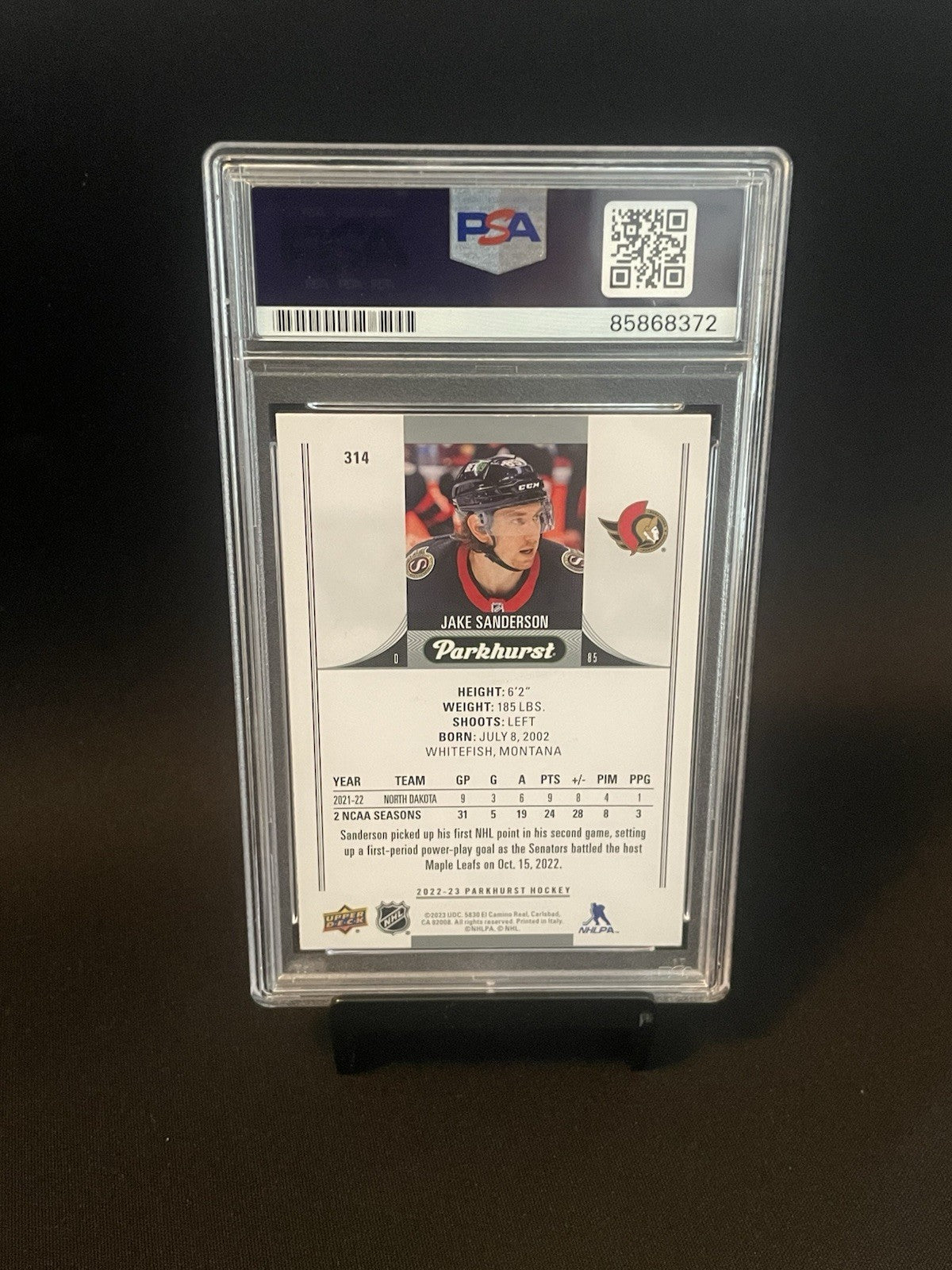 Jake Sanderson Signed 2022 UD Parkhurst Rookie PSA #314 Autographed RC Card