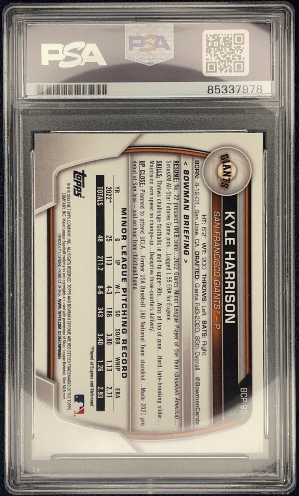 Kyle Harrison Signed 2023 1st Bowman Chrome #BCP-93 PSA/DNA Autographed