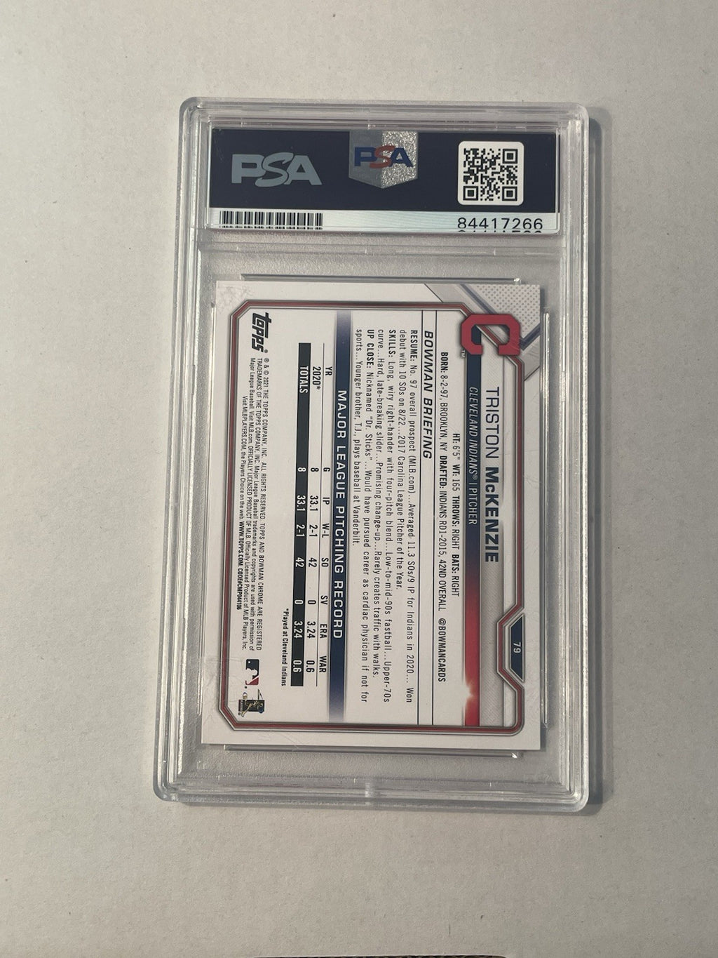Triston McKenzie Signed 2021 Bowman RC PSA/DNA Encapsulated Indians Autographed