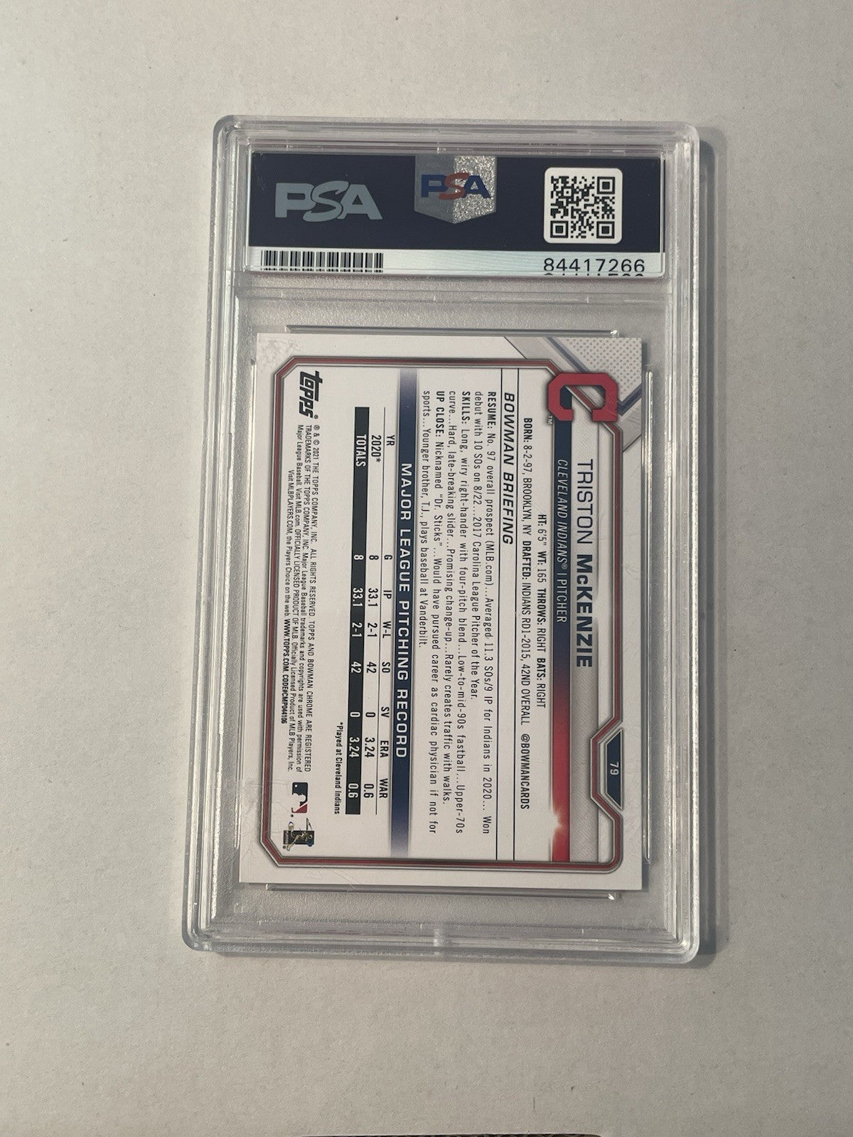 Triston McKenzie Signed 2021 Bowman RC PSA/DNA Encapsulated Indians Autographed