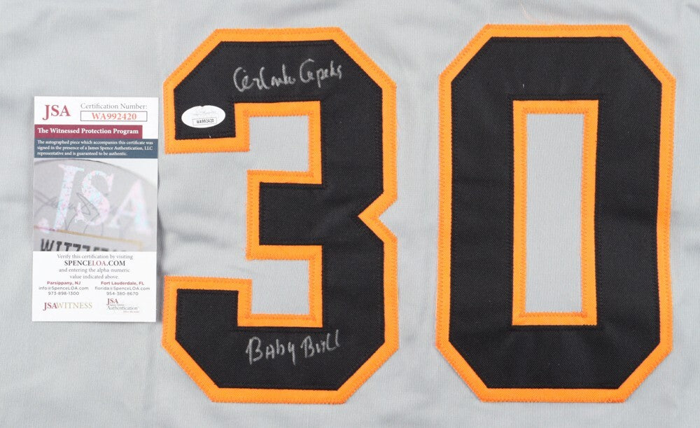 Orlando Cepeda Signed Jersey JSA Witnessed COA Autographed Inscribed "Baby Bull"
