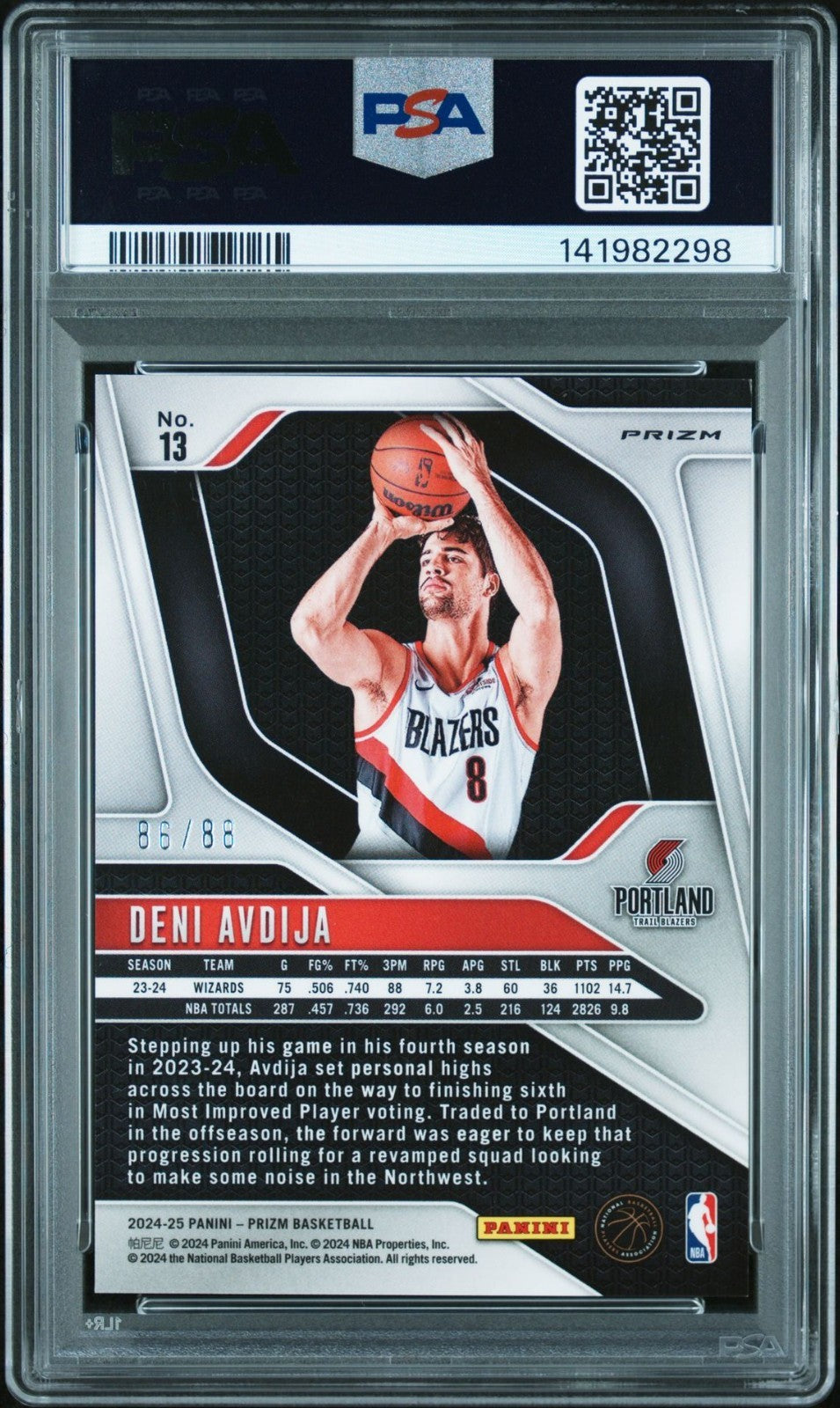 Deni Avdija Signed 2024 Red Choice Prizm /88 PSA/DNA Auto 10 #13 Blazers