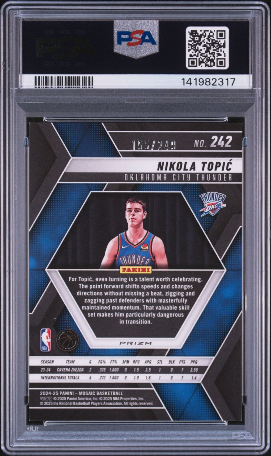 Nikola Topic Signed 2024 Mosaic Orange Prizm /249 PSA Auto 10 Rookie RC #242
