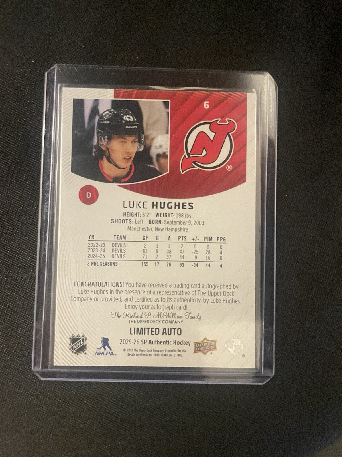 2025-26 SP Authentic Gold Limited Auto Luke Hughes Auto New Jersey Devils #6