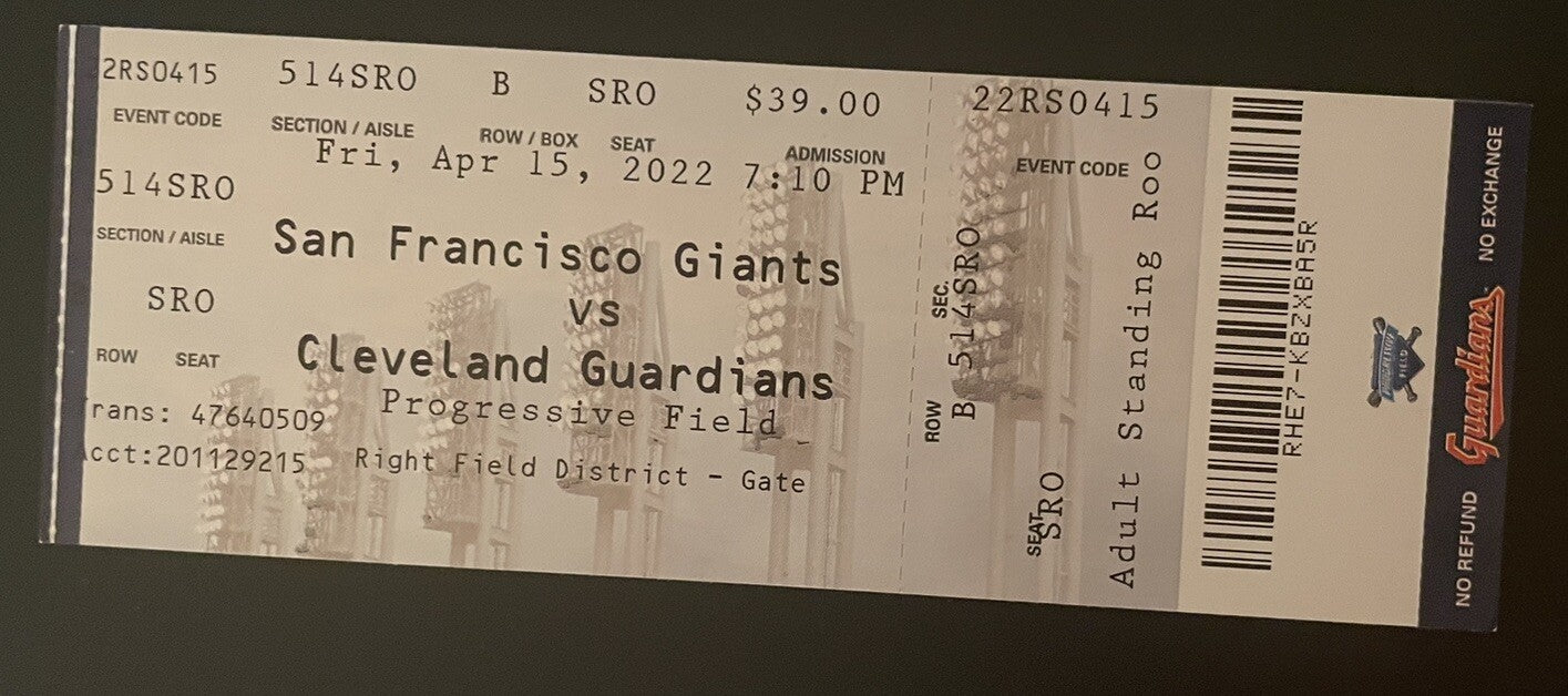 Cleveland Guardians 1st Home Game Ticket Stub 4/15/2022 Jose Ramirez 1,000th Hit