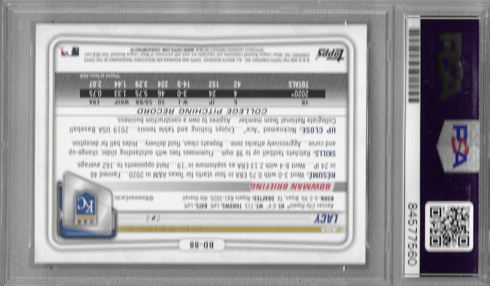 Asa Lacy Signed 2020 1st Bowman RC PSA/DNA Kansas City Royals Autographed #BD-88