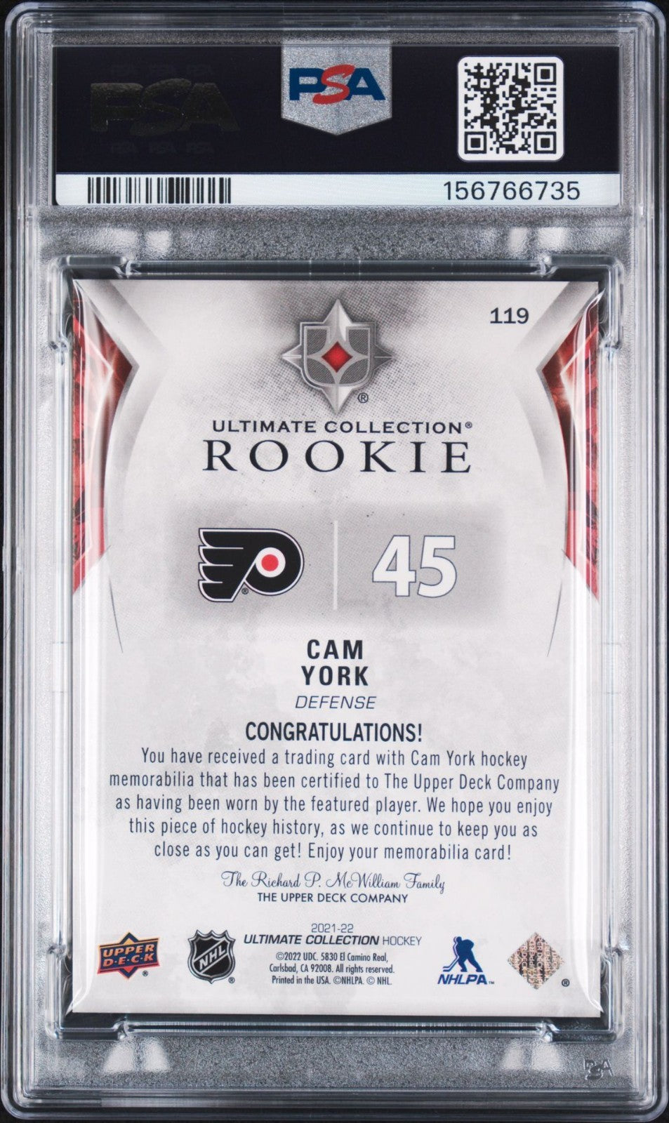 Cam York Signed 2021 UD Ultimate Collection PSA Patch Auto Rookie RC RPA #119