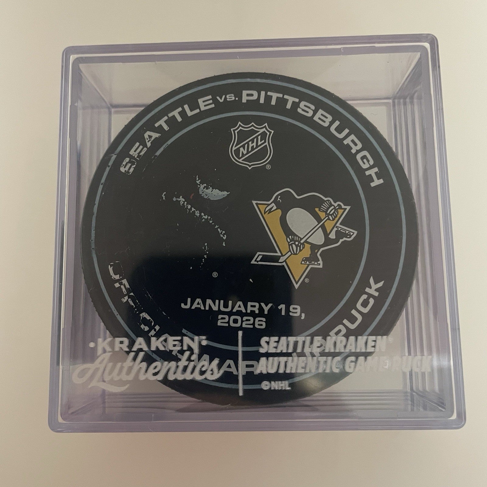 Sidney Crosby 1400th Game Warm Up Used Puck Pittsburgh Penguins Kraken COA