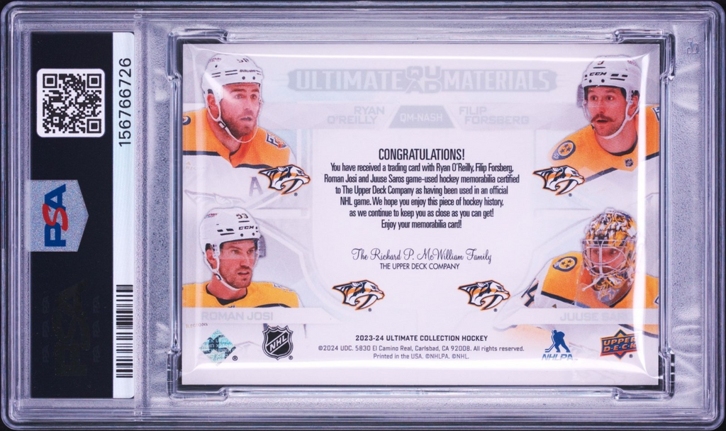 O'Reilly Forsberg Josi Saros Signed 2023 UC Quad Materials PSA Auto /149 #NASH