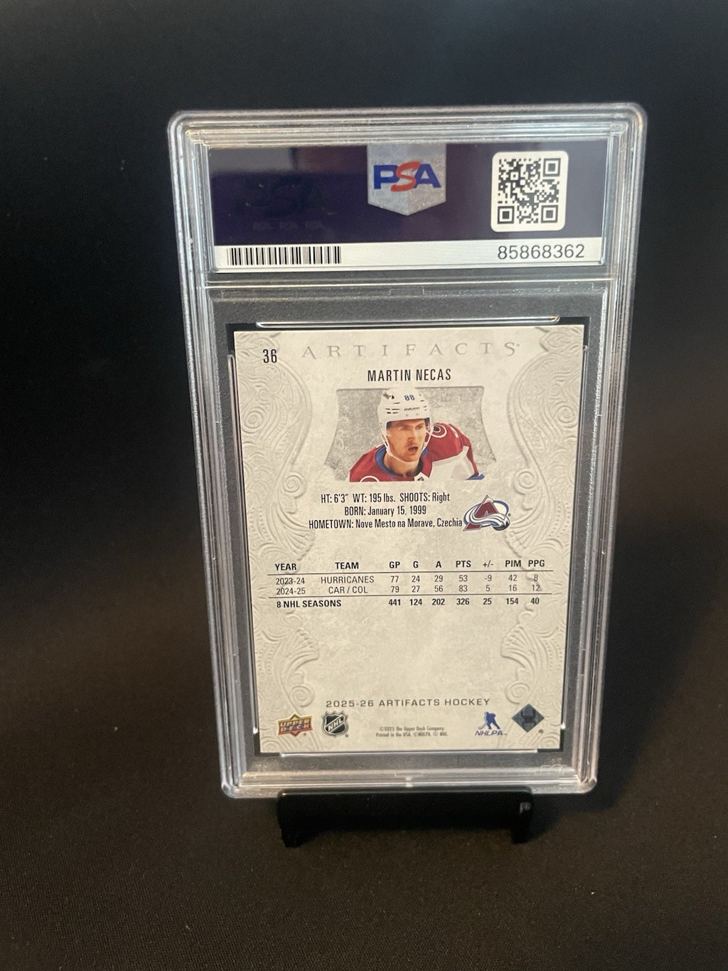 Martin Necas Signed 2025 UD Artifacts PSA #36 Autographed Card Avalanche