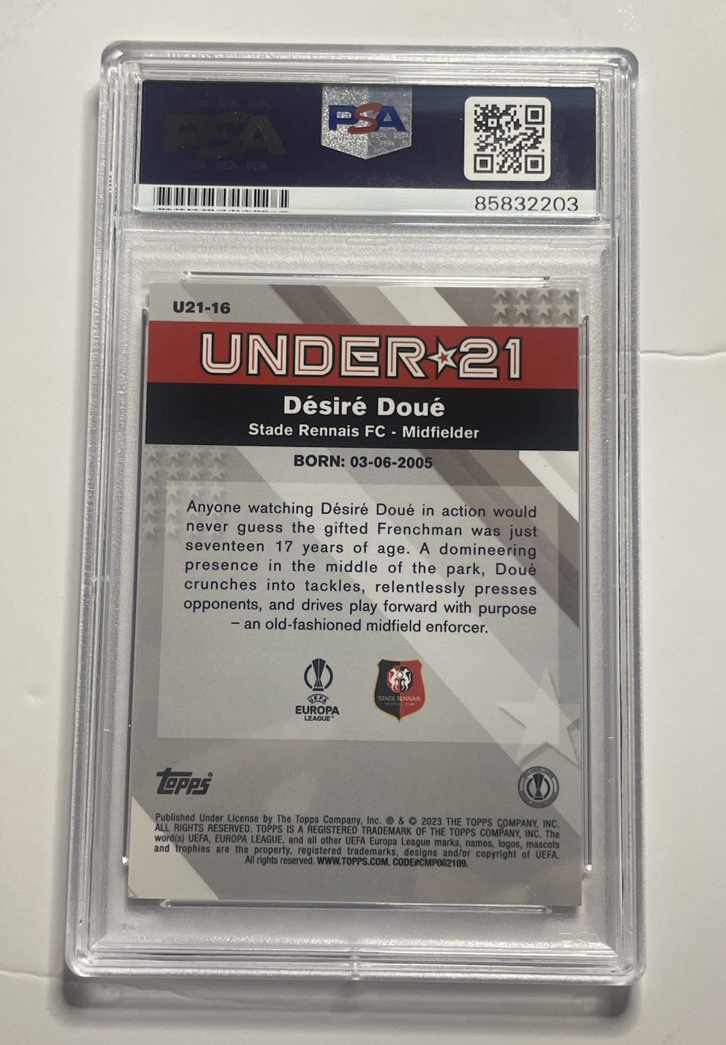 Desire Doue Signed 2023 Topps Merlin Rookie RC PSA/DNA #U21-16 Désiré Doué