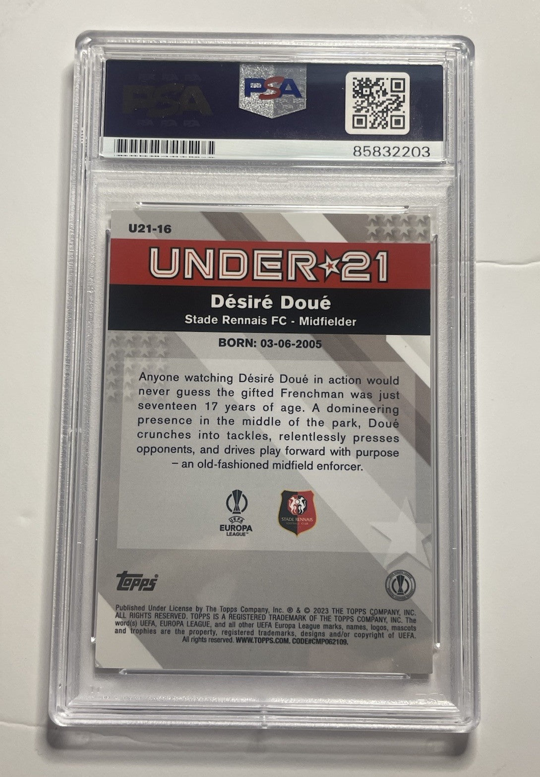 Desire Doue Signed 2023 Topps Merlin Rookie RC PSA/DNA #U21-16 Désiré Doué