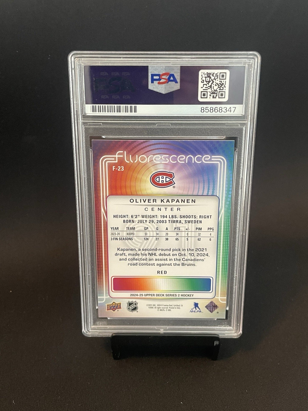 Oliver Kapanen Signed 2024 UD Fluorescence Red #F-23 PSA/DNA Auto 10 Canadiens