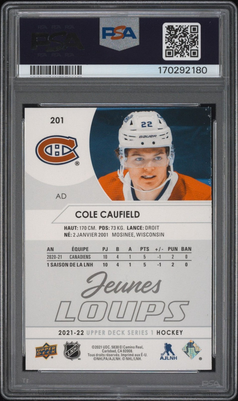 Cole Caufield Signed 2021 UD French Young Guns PSA/DNA Rookie Auto 10 #201