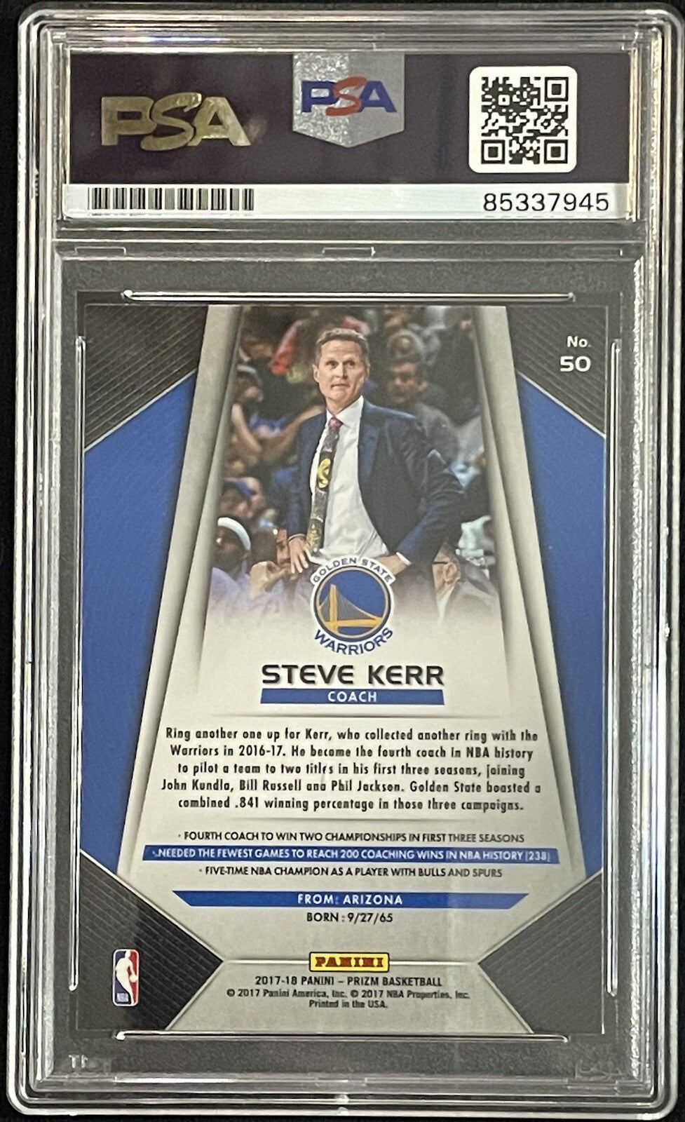 Steve Kerr Signed 2017-18 Panini Prizm #50 PSA/DNA Autographed Warriors
