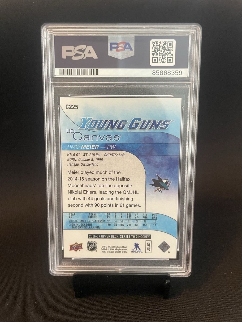 Timo Meier Signed 2016 UD Canvas Young Guns PSA/DNA Rookie RC #C225 Autographed