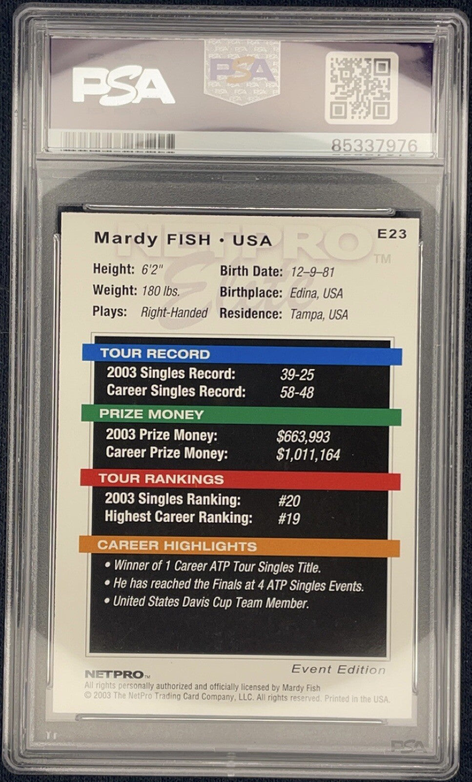 Mardy Fish Signed 2003 Netpro Elite Tennis #E23 PSA/DNA Autographed Davis Cup