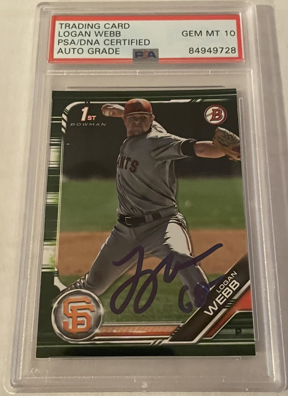 Logan Webb Signed 2019 1st Bowman Camo PSA/DNA Auto 10 Autographed Giants