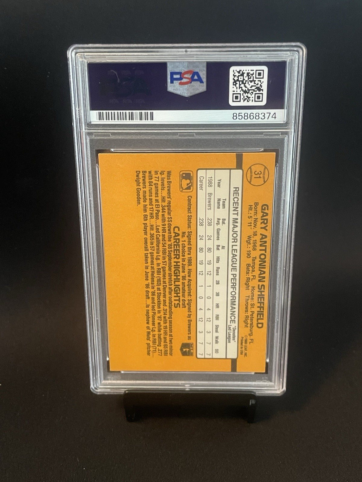 Gary Sheffield Signed 1989 Leaf Donruss Rated Rookie Card #31 PSA/DNA Auto 10