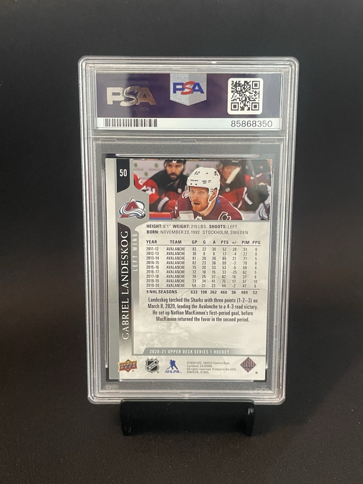 Gabriel Landeskog Signed 2020 UD PSA Auto 10 #50 Colorado Avalanche