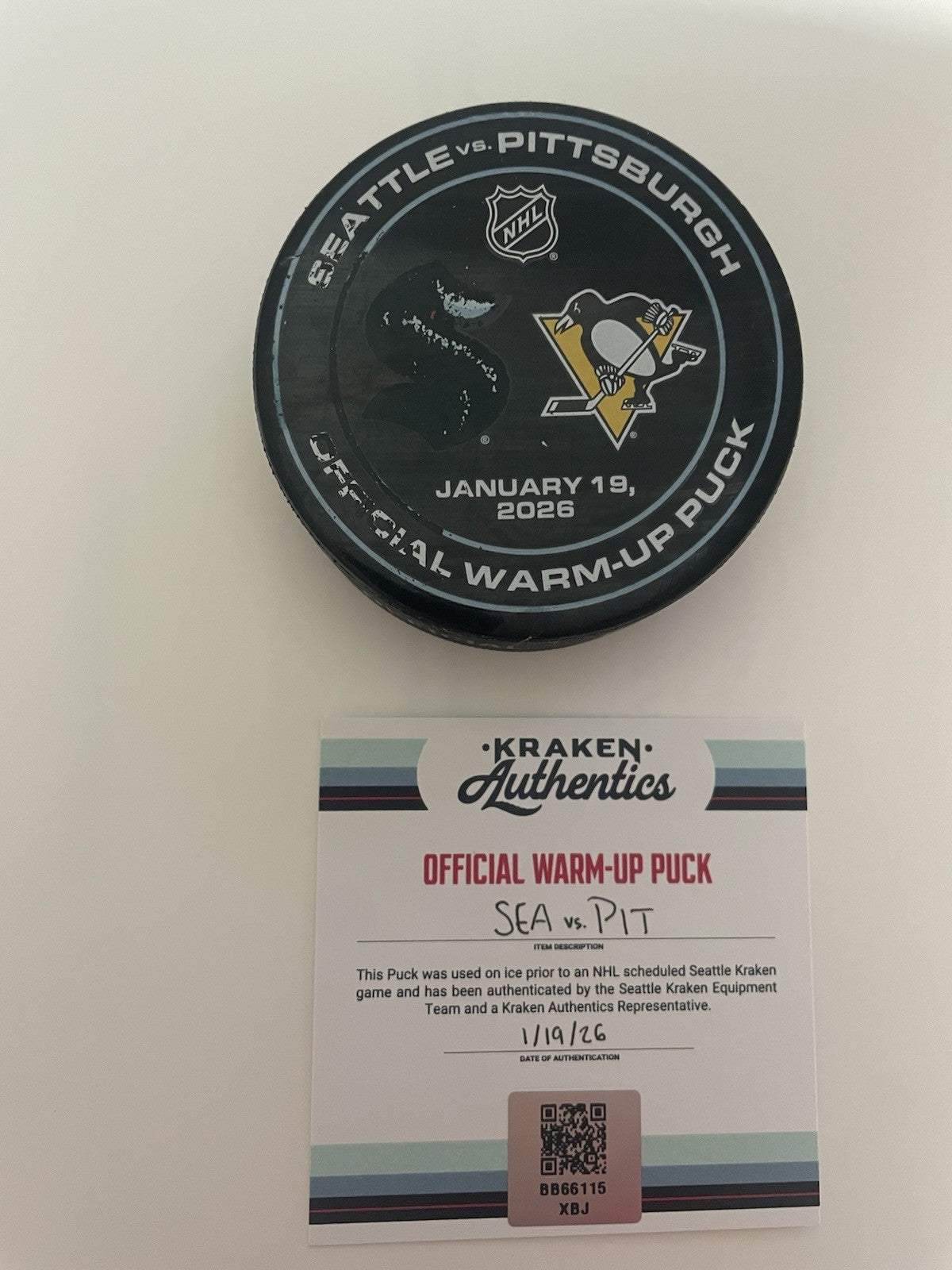 Sidney Crosby 1400th Game Warm Up Used Puck Pittsburgh Penguins Kraken COA